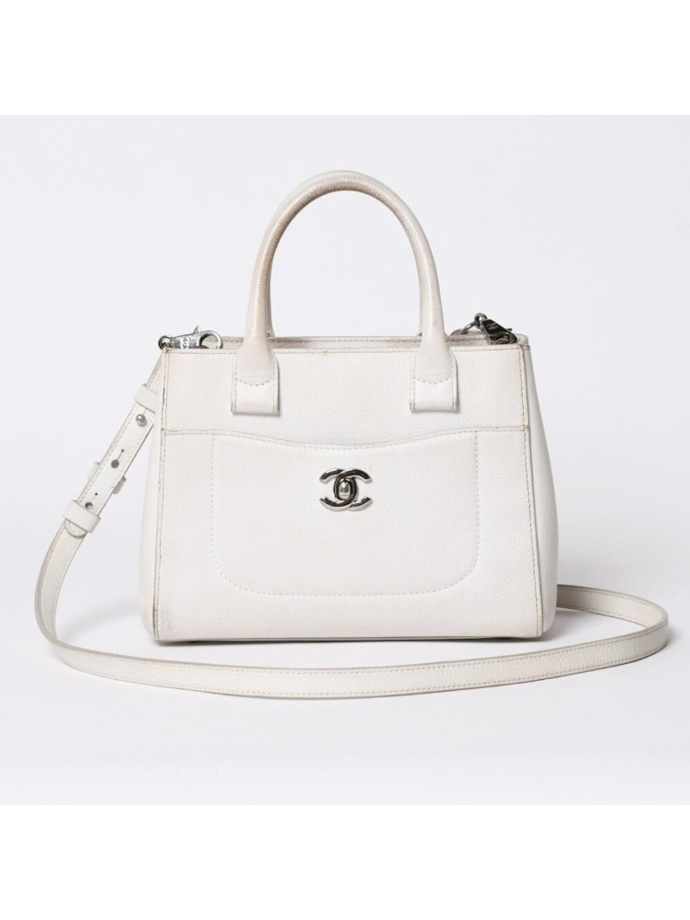 Chanel Neo Executive Tote Small Handbag 2-Way CC Logo Caviar Leather Silver